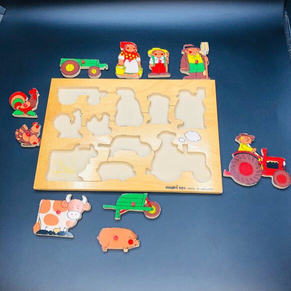 Vintage 70s SIMPLEX TOYS Wood Tray Puzzle: Farmer & Animals, Made in Holland - Picture 2 of 10